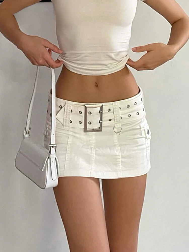 

Y2K Aesthetics Basic Belted Low Waist Micro Skirts Fashion Sexy Gothic Pockets White Denim Skirt Cute Bottoms Clubwear 2022