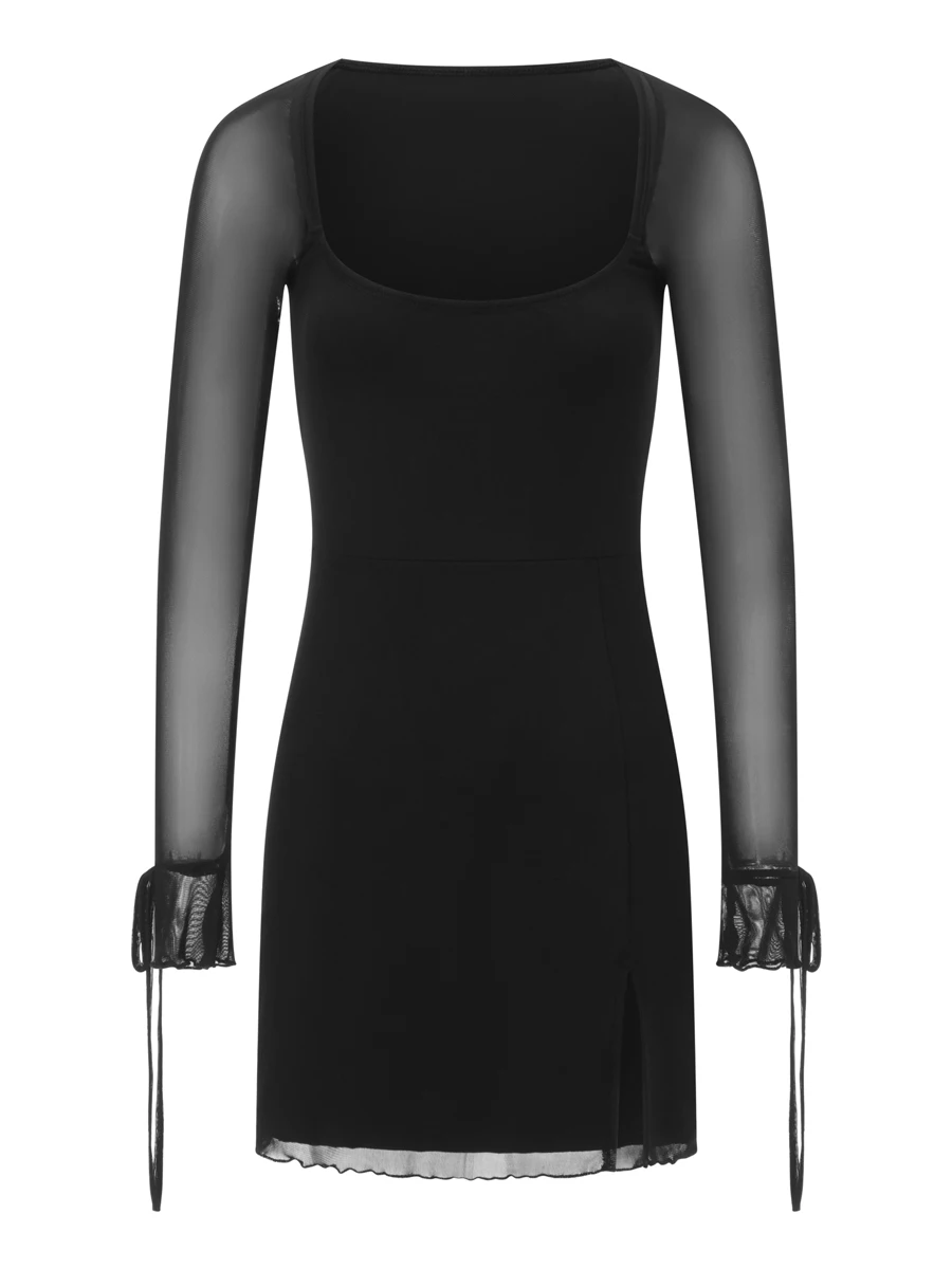 

Женское облегающее Сетчатое мини-платье с длинным рукавом, сексуальное короткое платье с квадратным вырезом и Боковым Разрезом, однотонные прозрачные Клубные платья