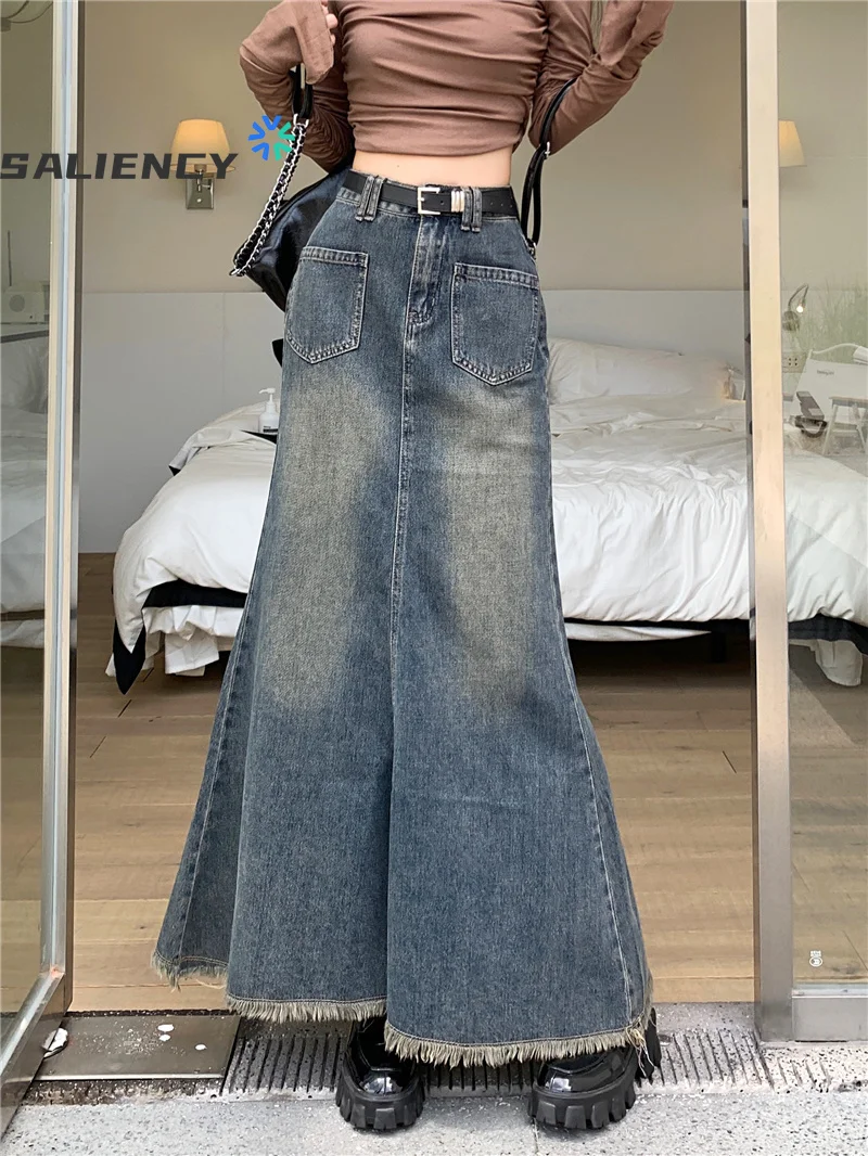 

Retro Fringe Fishtail Denim Skirt Woman Spring 2024 High Waist A-line Mid Length Skirt