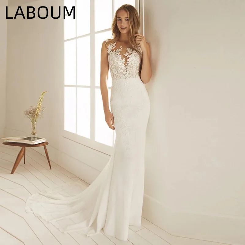 

LaBoum Elegant Mermaid Wedding Dress for Bride Lace Applique Illusion V-neck Chiffon Bridal Gown Vestido De Novia robe de mariée