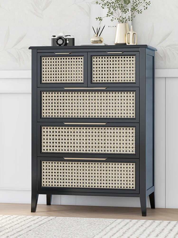 

Retro Five-Drawer Cabinet Living Room Entrance Side Cabinet Storage Cabinet Simple Rattan Surface Chest of Drawers