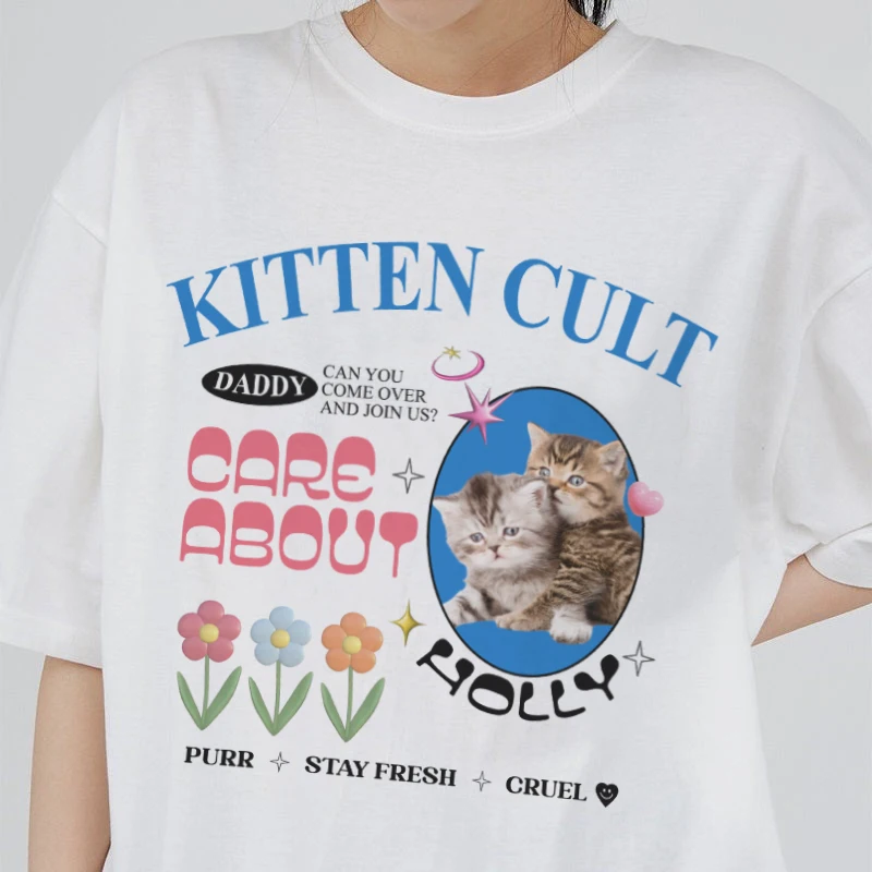 

Женские футболки с милым мультяшным котенком, модные футболки большого размера в стиле Харадзюку, Y2k, футболки в эстетическом стиле с изображением кошки, милые топы с графическим принтом для девочек