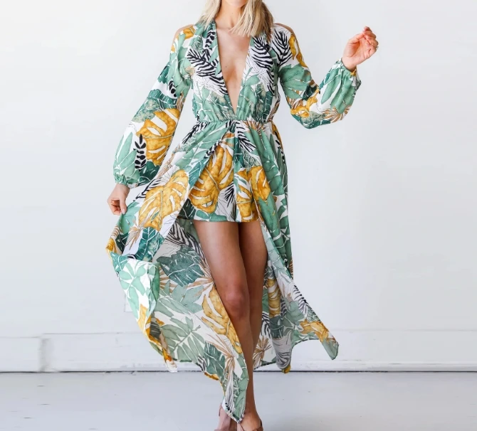 

Sexy Long Dress for Women 2024 Summer Cold Shoulder V-Neck Long Sleeved Printed Bohemian Style High Split Swing Long Dress Beach