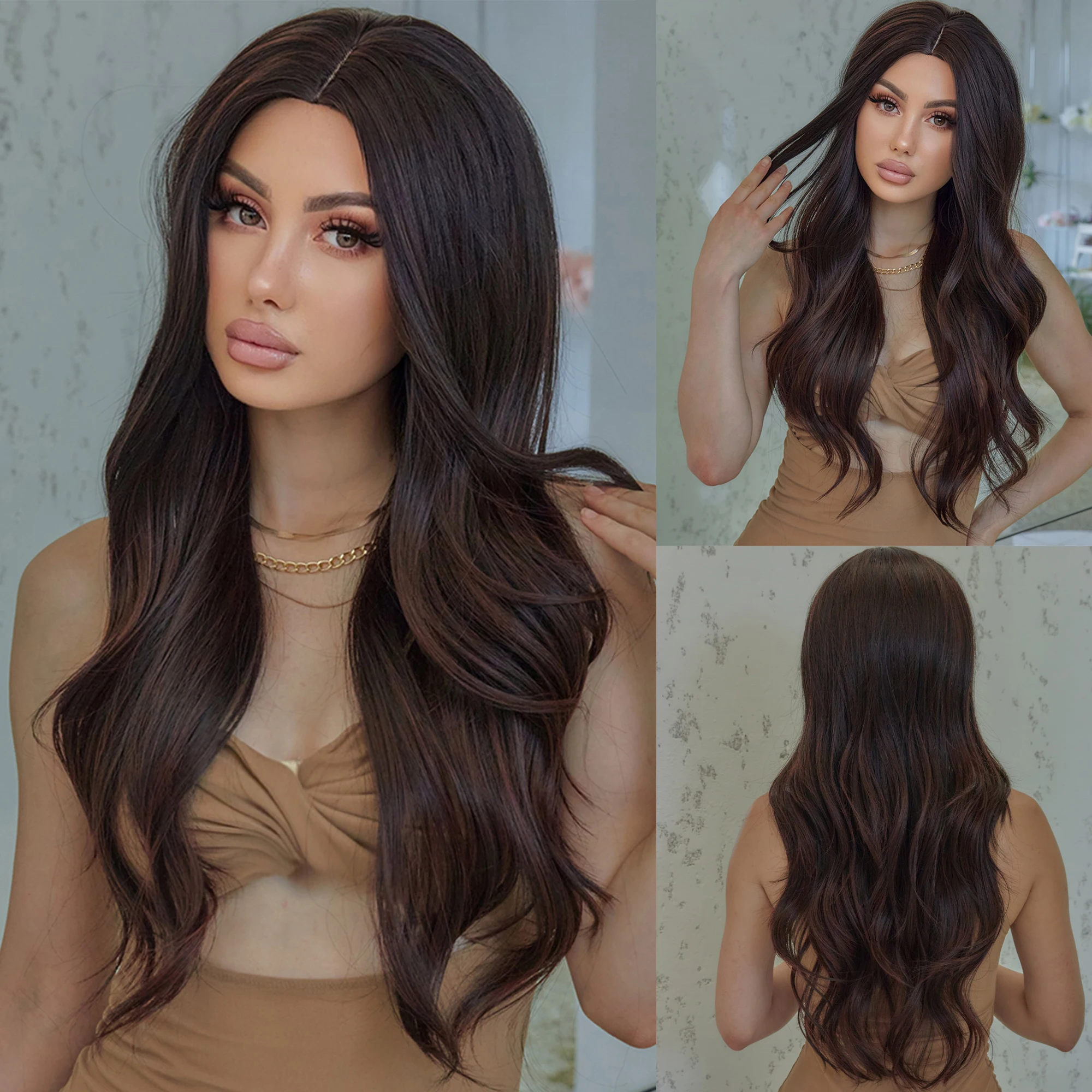 

CRAFTOURIST Long Wavy Synthetic Wigs for Black Women Dark Brown Wig Ntural Middle Parting Wavy Daily Cosplay Hair Heat Resistant