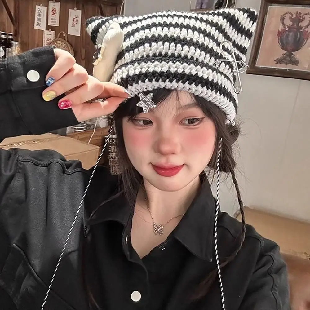 Y2K Devil Ear Beanie Hat - Cute Striped Star Design 15 S2dfb95b06b024409ae97b642fbf9ce9f5