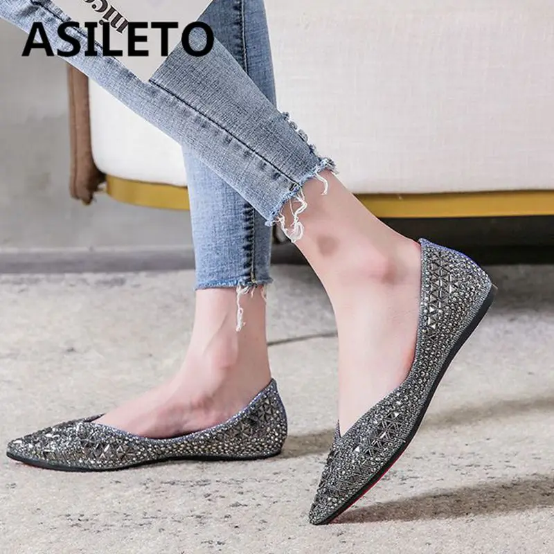 

ASILETO Brand Korea Female Flats Pointed Toe Slip On Loafers Rhinestone Bling Women Summer Shoes Soft Daily Plus Size 41 42 43
