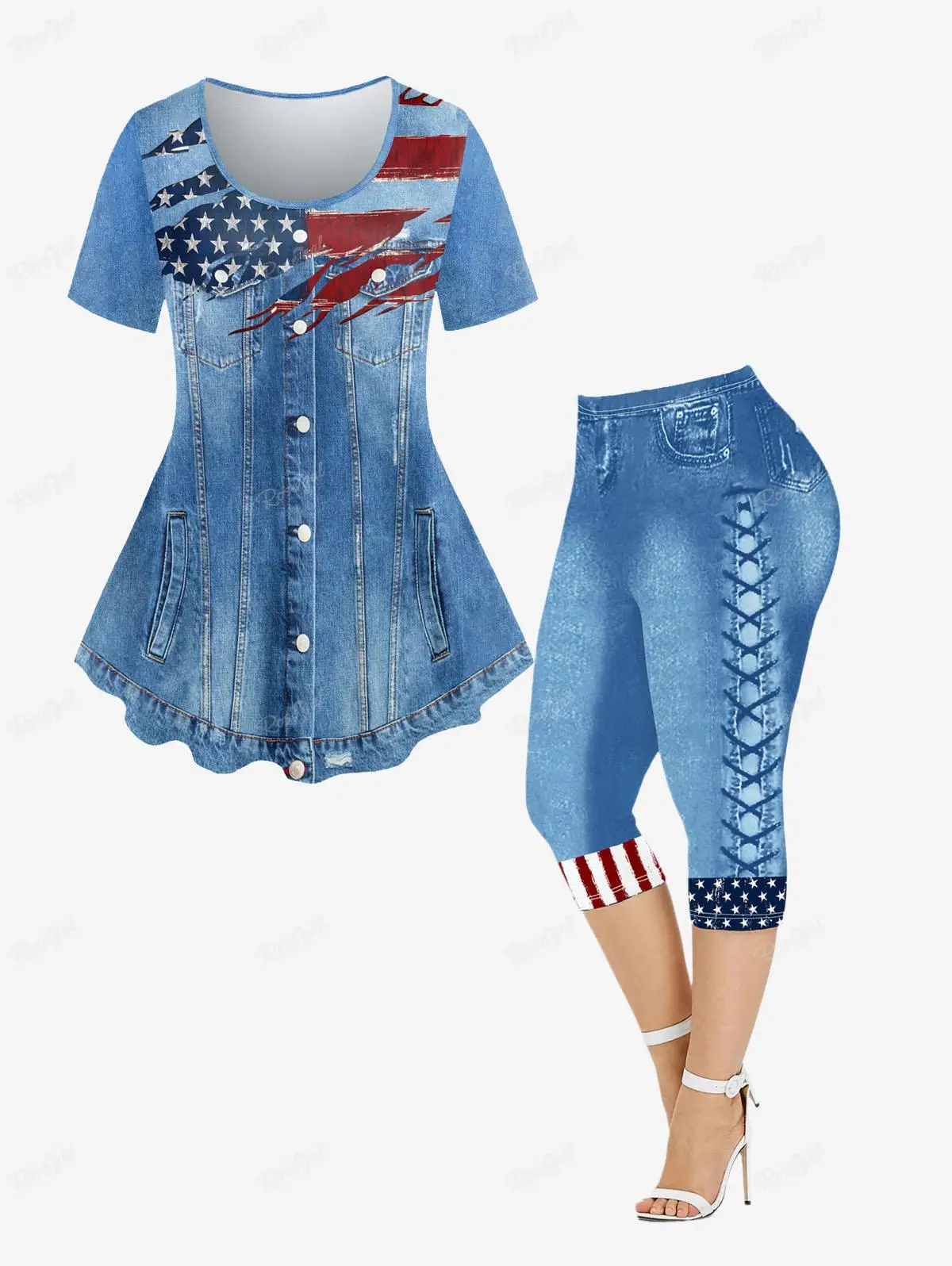 

ROSEGAL Plus Size Outfits 3D Jeans American Flag Printed Tee And Capri Leggings Patriotic Graphic Oversize Women's Matching Set