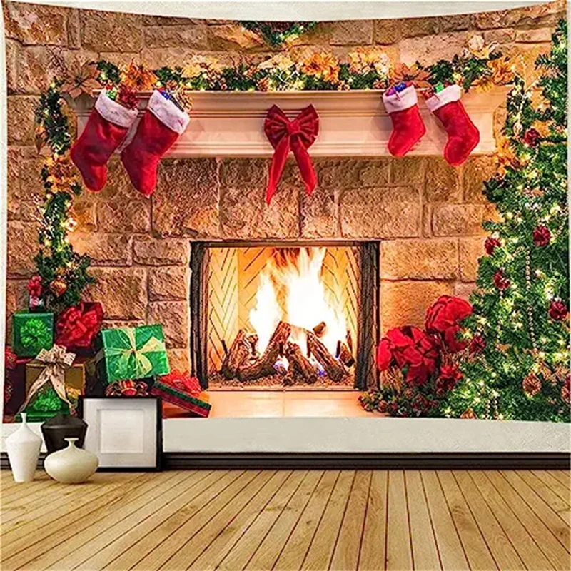 

Christmas Fireplace Tapestry Wall Hanging Home Room Wall Retro Art Xmas Merry Christmas Happy New Year Room College Dorm Decor