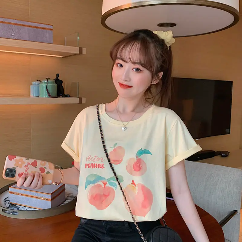 T-shirts Women Fashion Sweet Peach Printed Summer O-Neck T-Shirt Preppy Girls Tops Tee Korean Loose All-match Ladies Clothing
T-shirts Women Fashion Sweet Peach Printed Summer O-Neck T-Shirt Preppy Girls Tops Tee Korean Loose All-match Ladies Clothing