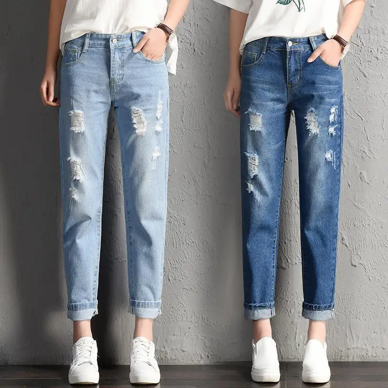 

2023 New Women Fashion Mid Waist Boyfriend Big Ripped Hole Jeans Casual High Street Denim Pants Sexy Vintage Pencil Calca