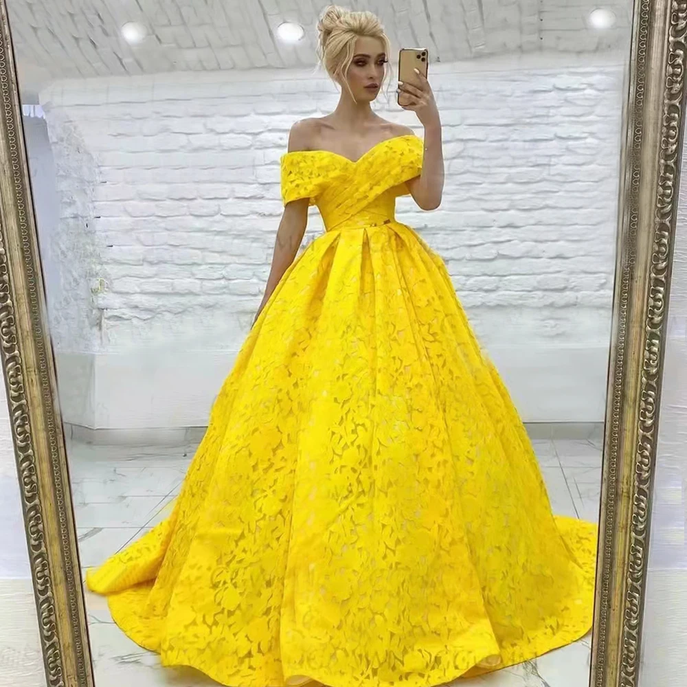 Glamorous Yellow Lace Evening Dresses Off Shoulder Prom Gowns A-line SweepTrain For Wedding Party Dress vestidos de fiesta плать
Glamorous Yellow Lace Evening Dresses Off Shoulder Prom Gowns A-line SweepTrain For Wedding Party Dress vestidos de fiesta плать