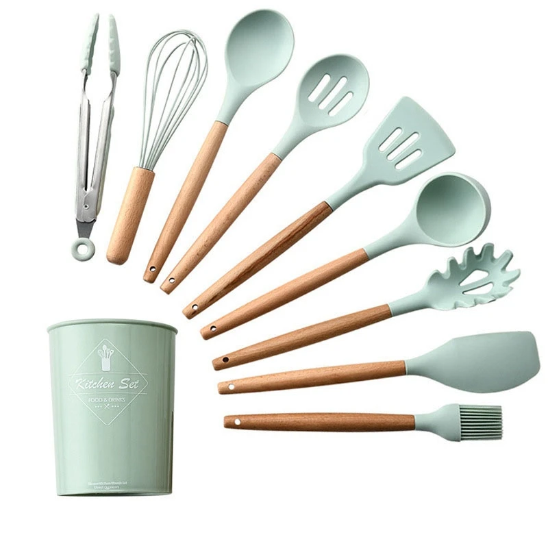 

9 Pcs Silicone Cooking Utensils Set Non-Stick Spatula Shovel Wooden Handle Cooking Tools Set With Storage Box