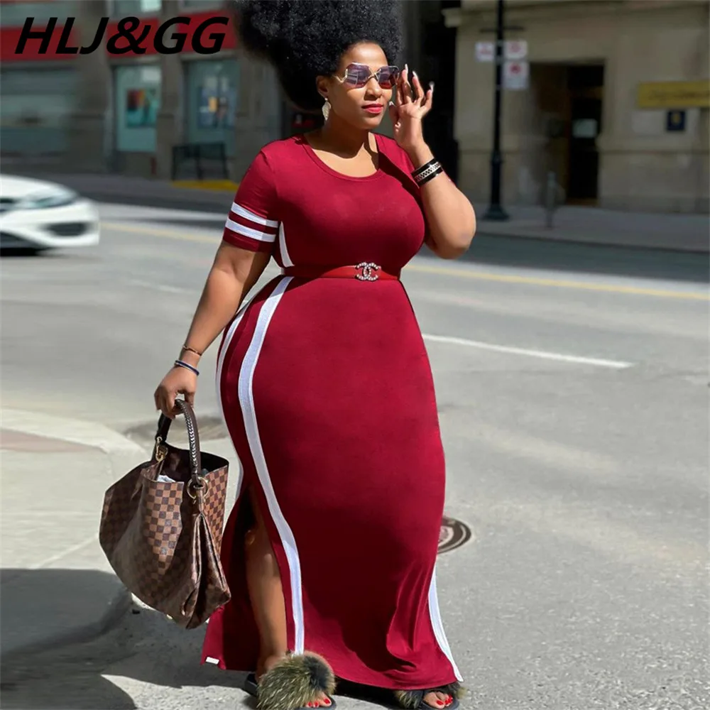 

HLJ&GG Casual Plus Size Striped Print Maxi Dress 5XL Women Round Neck Short Sleeve Side Slit Dress Vestidos 2022 Robe Clothes