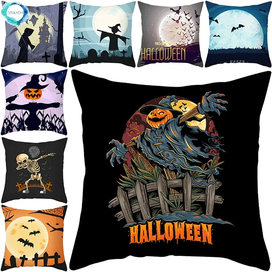 

Home Decor Halloween Cushion Cover Skull Cat Scary Pumpkin Bat Castle Print Square Pillowcase Party 45x45cm Funda de almohada
