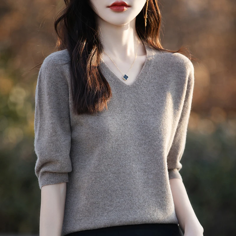 

Women's 100% Merino wool line ready-to-wear V-neck short sleeve loose seamless knit inner top 2024 new model