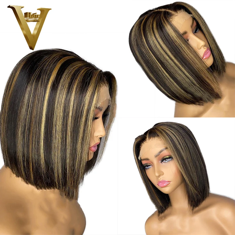 

Short Bob Blunt Cut Honey Blonde Highlight Ombre Colored Wig Straight 13X4 Lace Front Human Hair 4X4 Closure Frontal Wigs Remy