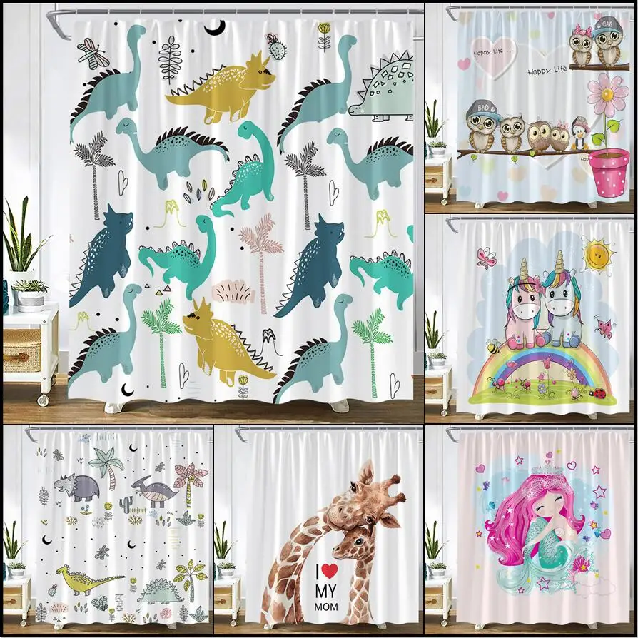 

Cartoon Dinosaur Shower Curtain Funny Owl Giraffe Unicorn Mermaid Animals Children Bedroom Wall Hanging Bathroom Decor Curtains