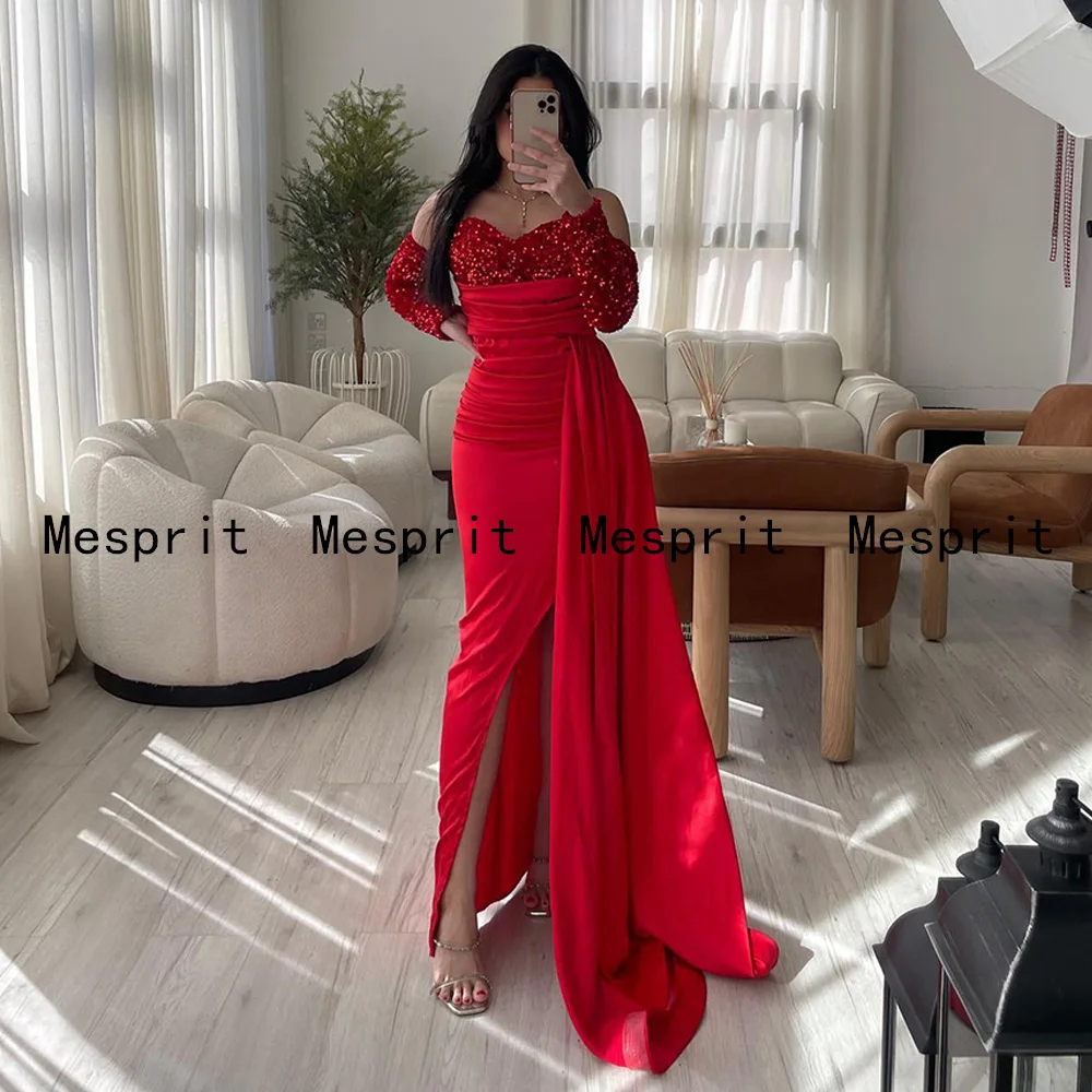 

Red Evening Dress Mermaid Prom Dresses Long Sleeves Sweetheart Sequined Satin Formal Occasion Dresses Slit Banquet Gown