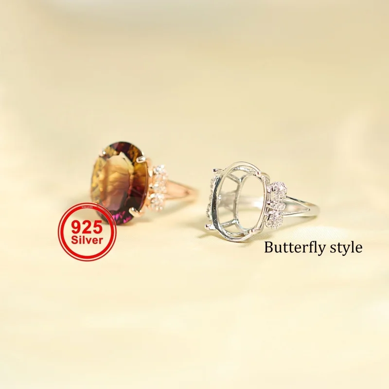 

13*18mm 2 Colors Oval Butterfly Design Rose Golden And Silver Ring Setting, Solid 925 Sterling Silver Materia For Setting