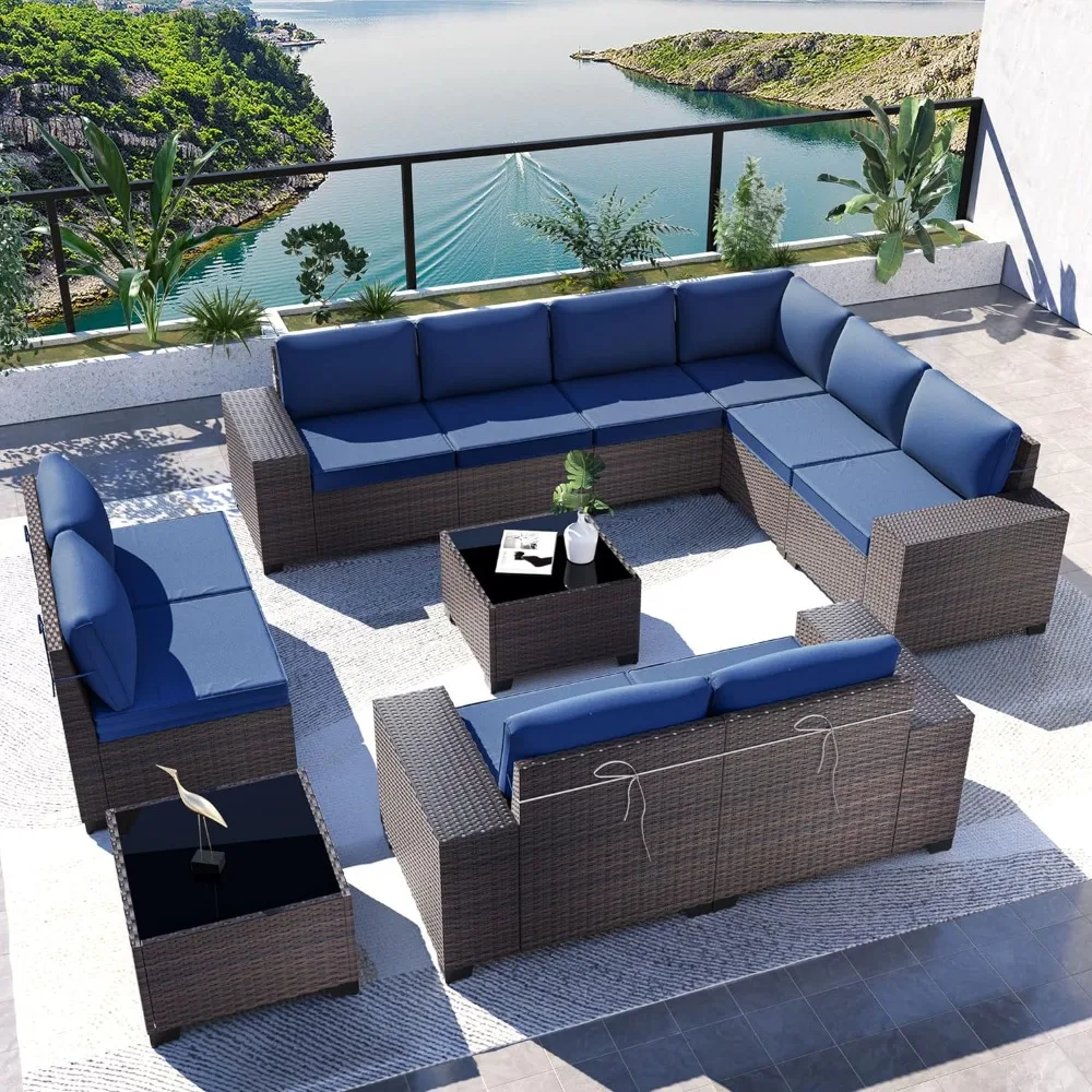 Outdoor Patio Furniture Set 12 Pieces Brown PE Rattan Wicker Patio Conversation Set 10 Navy Blue Seat Cushions and 2 Glass Table
Outdoor Patio Furniture Set 12 Pieces Brown PE Rattan Wicker Patio Conversation Set 10 Navy Blue Seat Cushions and 2 Glass Table