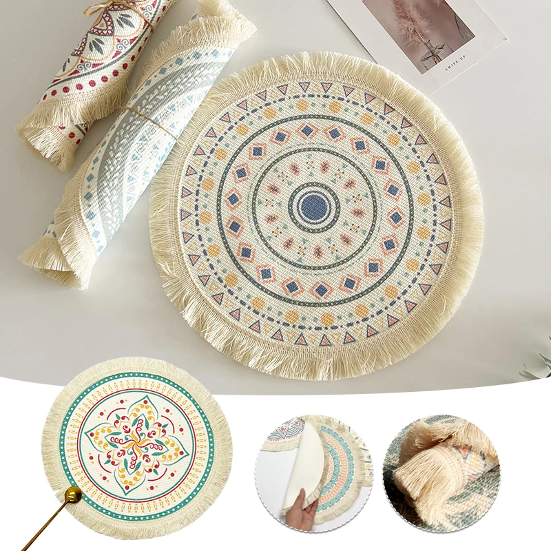 

16/34cm Bohemian Style Cotton Placemat Tassles Table Mat Heat Insulation Pad Nordic Coffee Cup Coasters Home Kitchen Decoration