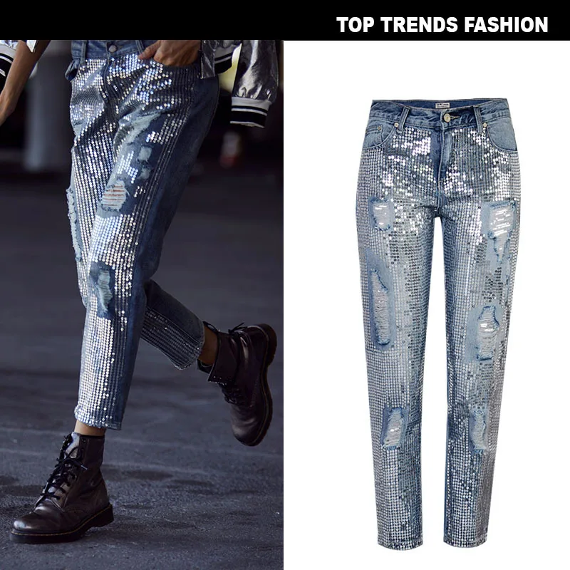 

Women Denim Distressed Holes Sequin Patchwork Ankle-Length Straight Pants Fashion Streetwear Korean Style Cotton Jean Trousers