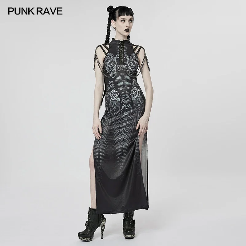 

PUNK RAVE Women's Cyber Digitally Printed Future Felling Sexy Dress Punk Metal Rivets V-neck Split Summer Clothing for Women