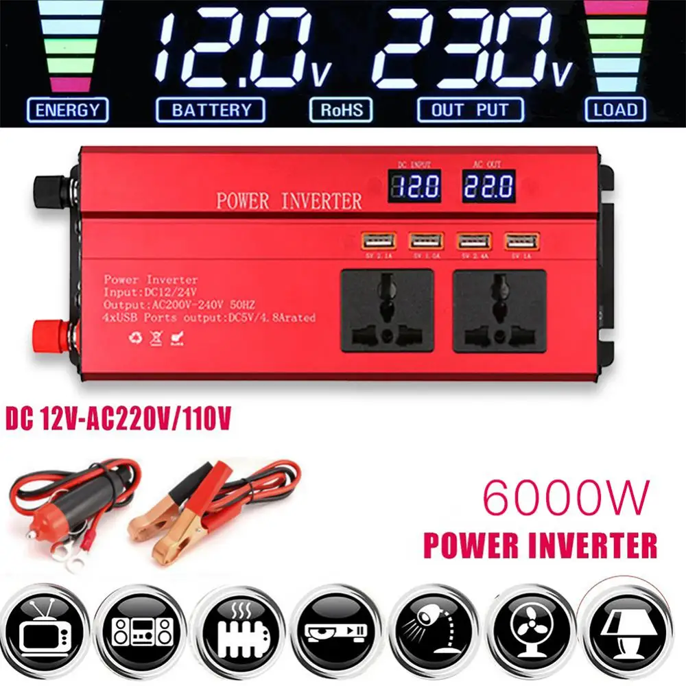 

Преобразователь напряжения 6000 Вт 12 В/24 В в 220 В, синусоидальный сигнал, адаптер, автомобильный инвертор, инвертор солнечной энергии, универсальная розетка, авто Acc