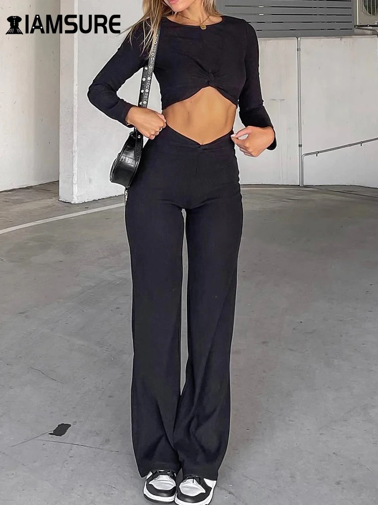 

IAMSURE Sporty Activewear Sexy Solid Pants Sets Women 2024 2 Piece Set O-Neck Long Sleeve Cropped T Shirt High Waisted Pants