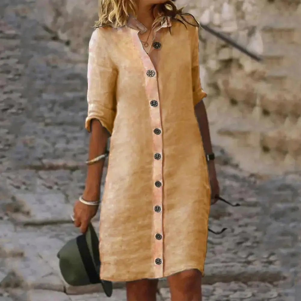 Lightweight Dress Lady Loose Dress Stylish Women's Knee Length Midi Dress Lapel Half Sleeve Solid Color Single-breasted for Fall
Lightweight Dress Lady Loose Dress Stylish Women's Knee Length Midi Dress Lapel Half Sleeve Solid Color Single-breasted for Fall