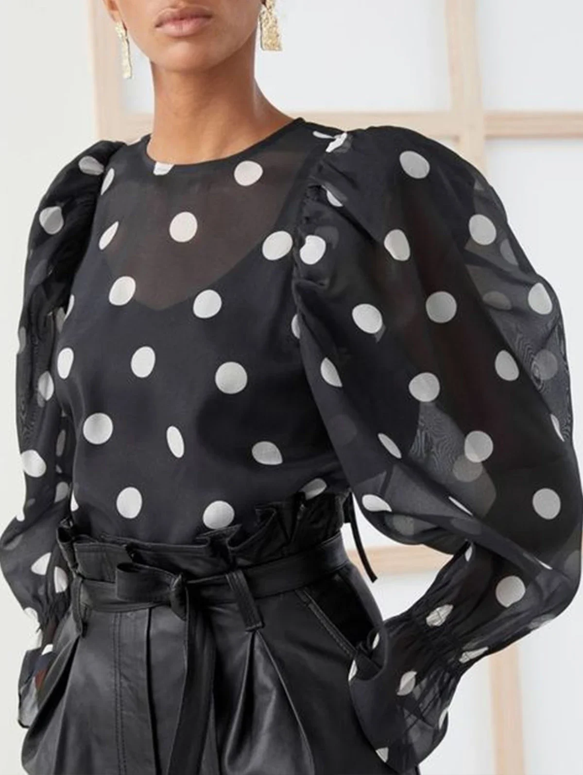 

Women Fashion Casual Sexy Elegant Long Sleeve Round Neck Mesh Polka Dot Lantern Sleeve Loose Blouses Shirts Vintage Tops 2024