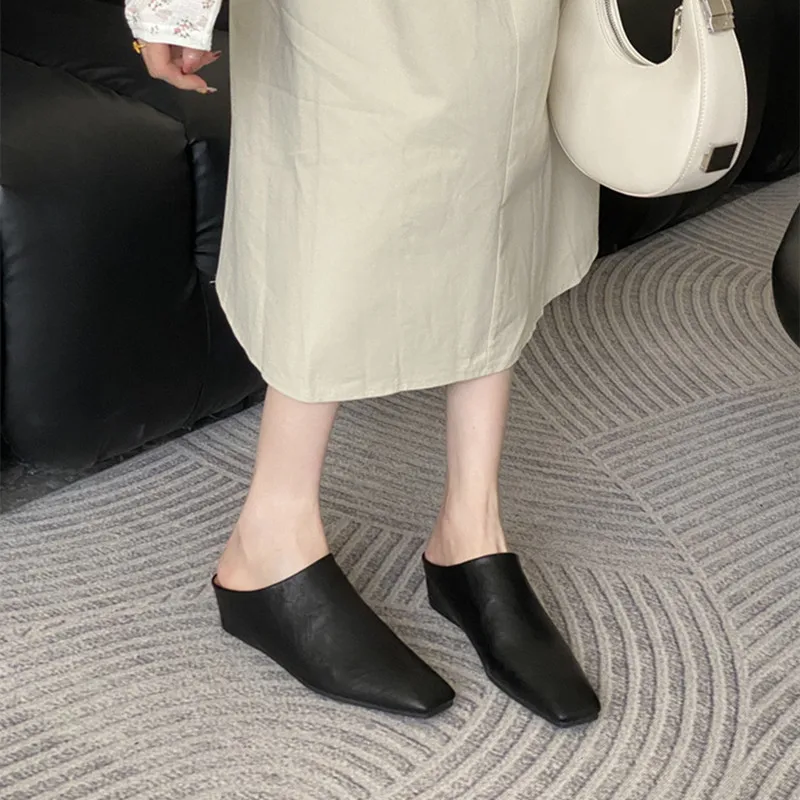 Elegant Soft Leather Mules Slippers Women Square Toe Inner Height Wedge Slide Sandals Summer Cozy Beach Designer Shoes for Women 42 S2e158c69539348738e12620e924b49d1R