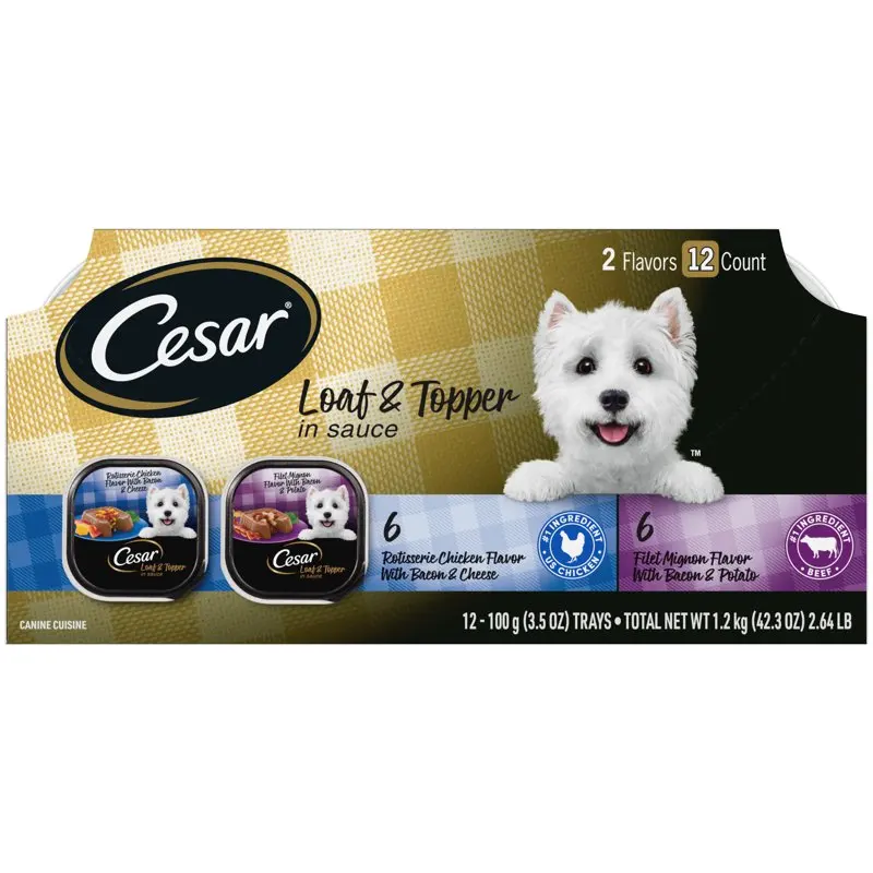 Wet Dog Food Loaf in Sauce Rotisserie Chicken Flavor with Bacon & Cheese and Filet Mignon Flavor with Bacon & Potato Variety Pac
Wet Dog Food Loaf in Sauce Rotisserie Chicken Flavor with Bacon & Cheese and Filet Mignon Flavor with Bacon & Potato Variety Pac
