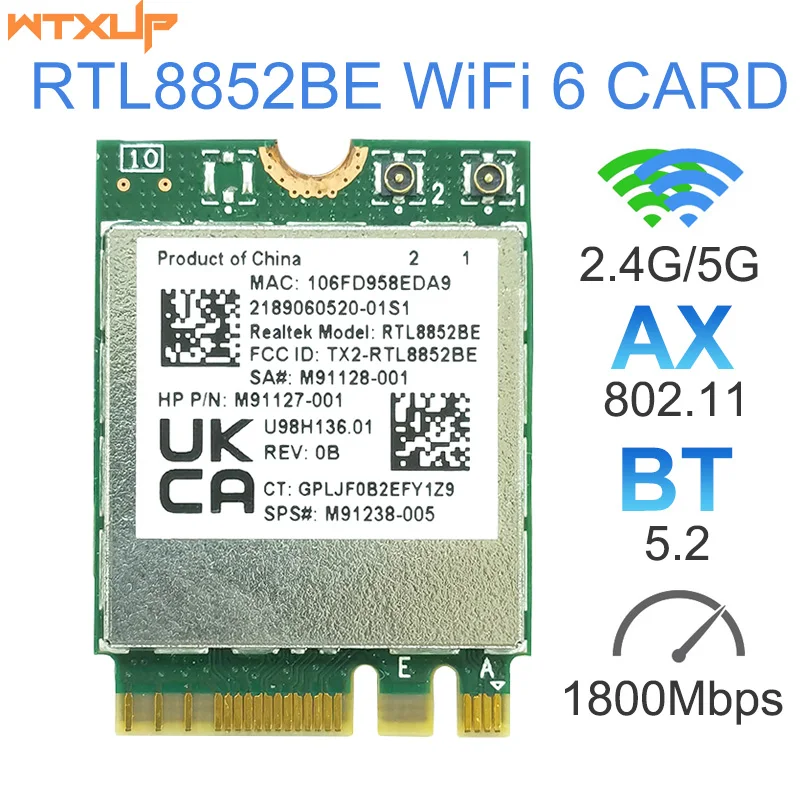 

WiFi 6 двухдиапазонный AX1800 Realtek RTL8852BE M.2 адаптер NGFF Bluetooth 5,0 беспроводной 802.11AX 2,4G/5G Wlan Wi-Fi карта для ноутбука/ПК