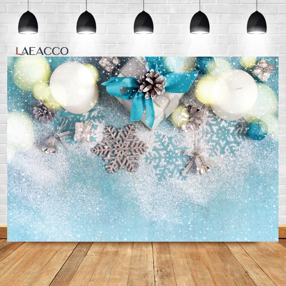 

Laeacco Ice Blue Christmas Background Dreamy Light Bokeh Gift Snowflake Kids Birthday Portrait Customized Photography Backdrop