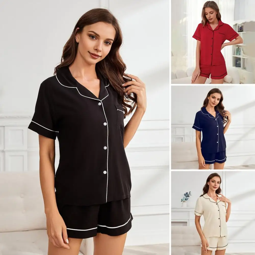 

Silk Satin Women's Pajamas Set Button Down Top & Shorts 2 Pieces Sleepwear Notched Collar Nightwear Loungewear for Summer
