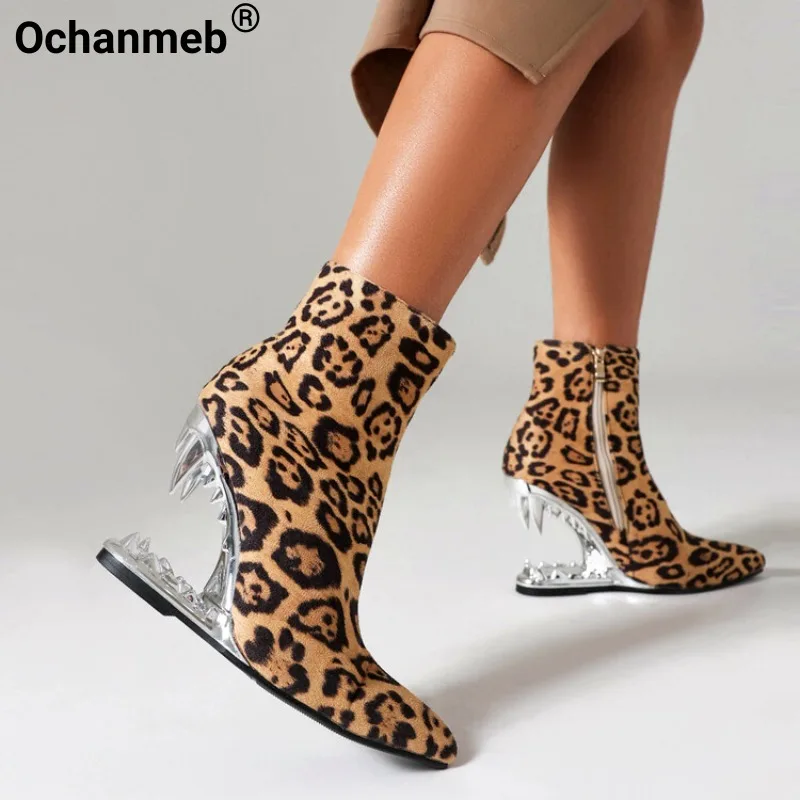 

Ochanmeb Women Leopord Boots High Wedge Heels Zipper Ankle Boots Woman Beast Mouth Teeth Shape Heel Shoes Zebra Printing Size 43