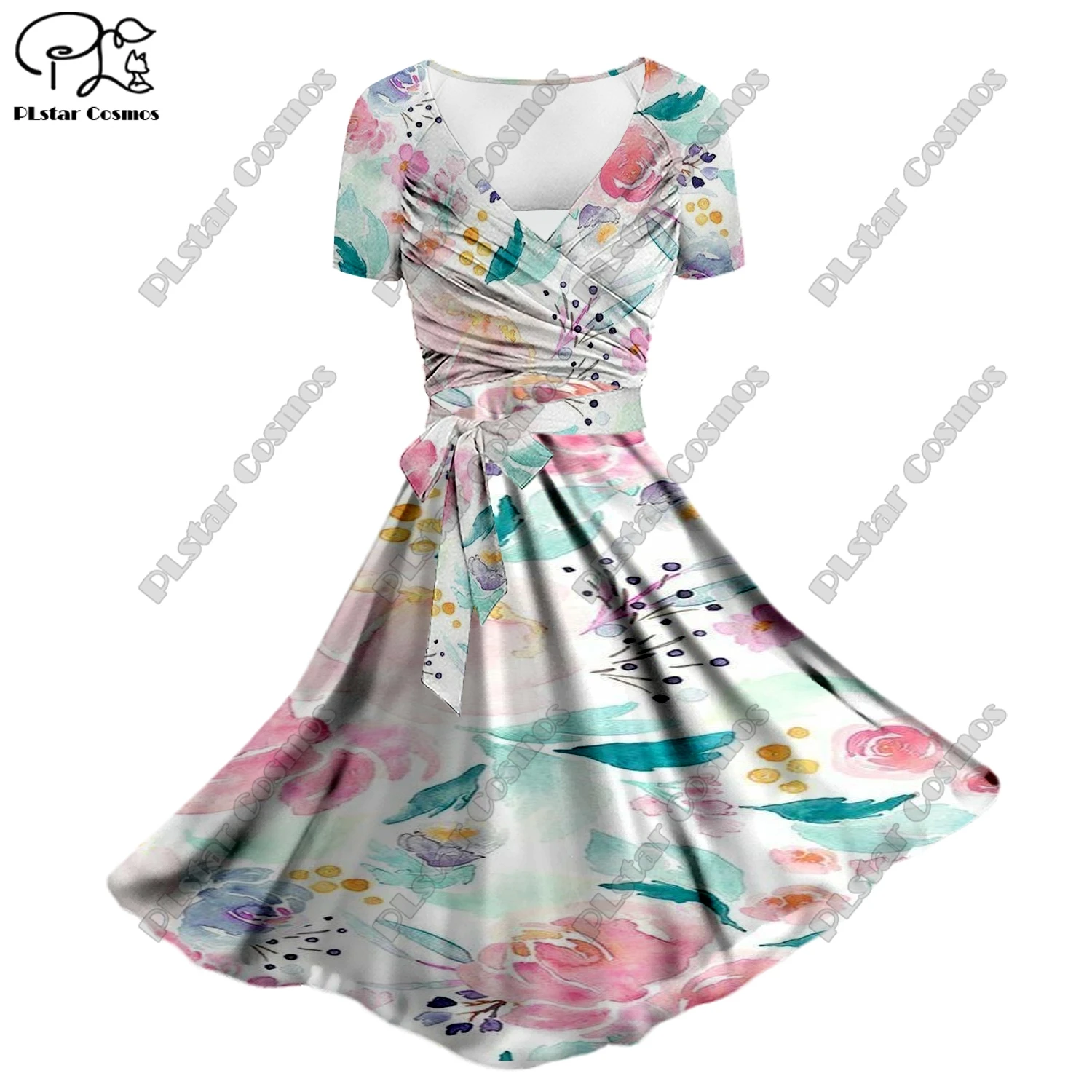 

3D printing colorful flower pattern lady floral A-line suspender skirt bowknot twill top two-piece summer H1