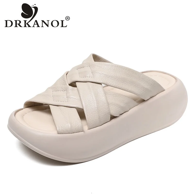 

DRKANOL Concise Summer Slippers Women Wedges Heel Platform Outside Casual Sandals Slides Ladies Cross Genuine Leather Slippers