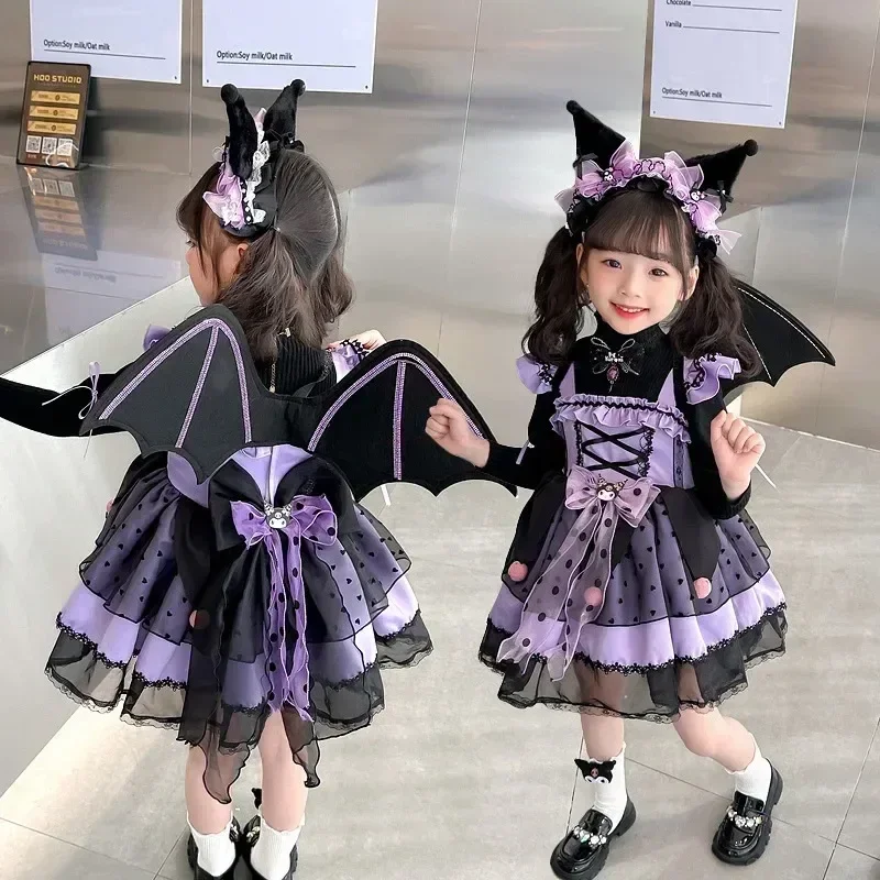 

Children Sanrios Kuromi Spring And Autumn Lolita Dress Kawaii Cute Cartoon Birthday Party Role Play Tutu Dress Halloween Skirt