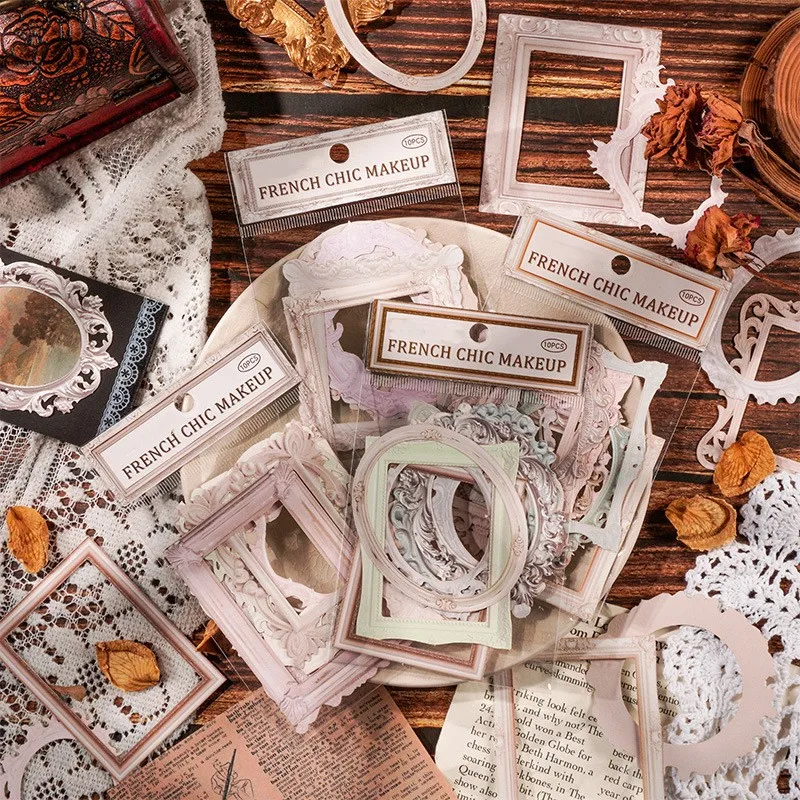 

10Pcs Vintage Hollow Out Embossed Picture Frame Scrapbooking Paper DIY Junk Journal Planner Collage Paper Decoration Material