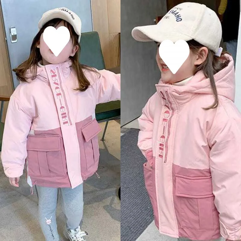 

Girls'cotton-Padded Clothes Coat 2023 Winter New Western Style Color Matching Shell Jacket Baby Girl Fleece-Lined Thickened Cott