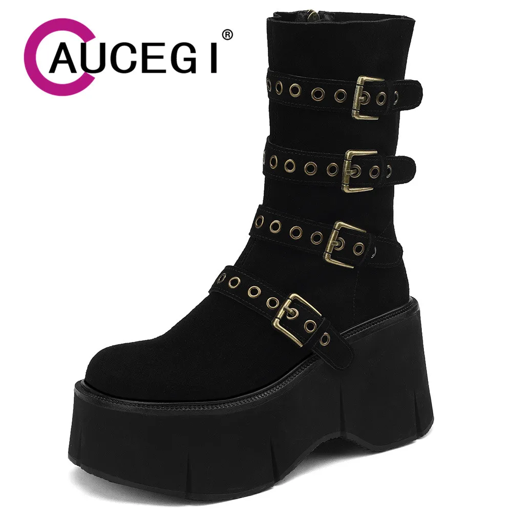 

Aucegi Classical Simplicity Women Platform Thick Heels Cow Suede Round Toe Motorcycle Ankle Boots Buckle Zipper Handmade Shoes