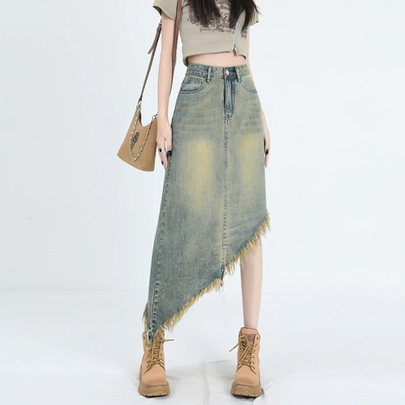 

New Women Summer Irregular Denim Skirt Fashion Asymmetric Design High Waist A-Line Skirt Casual Vintage Long Tassel Skirt