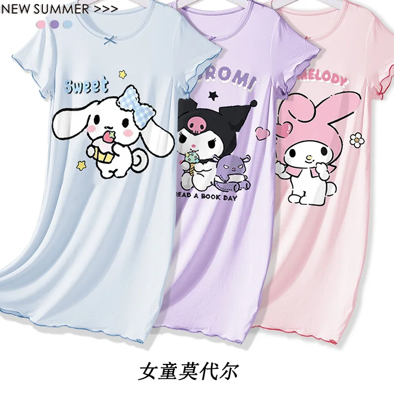 

2024 Girls Kuromi Nightdress Sanrio Kawaii Anime Cinnamoroll MyMelody Princess Pyjamas Thin Summer Sweet Cute Dress Gift for Kid