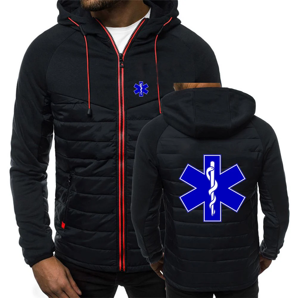 

EMT Emergency Ambulance 2021 Men's New Autumn And Winter Fashionable Printing Color Block Zipper Hooded Casual Warm Coats Jacket