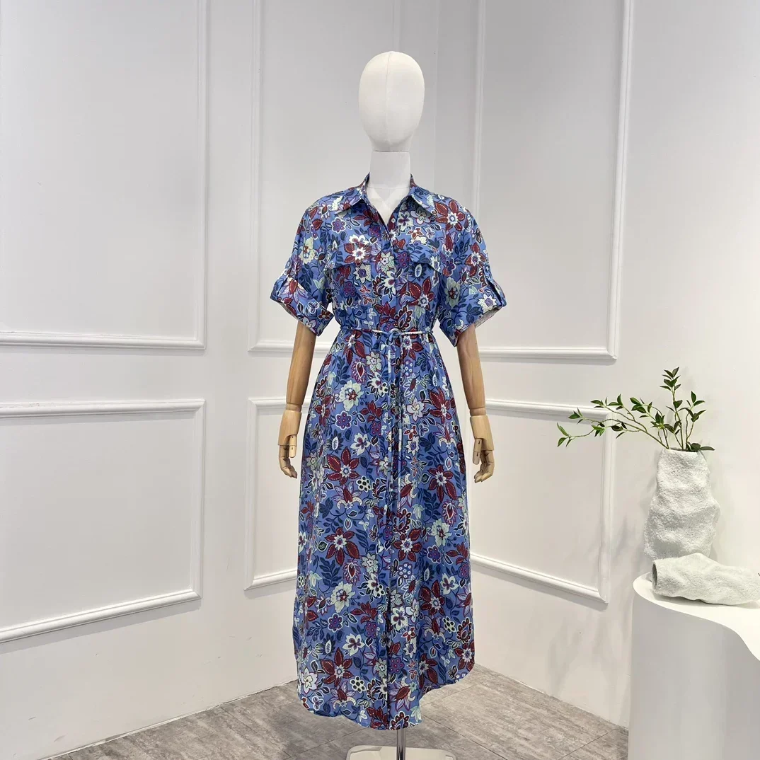

Linen 2023 High Quality New Blue Floral Printing Vintage Graceful Short Sleeve Lace-up Woman Midi Dress for Holiday