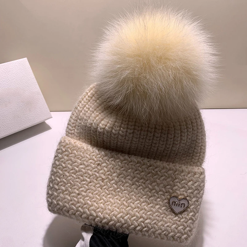 

Hat Women Winter Angora Knit Beanie Pompom Of Real Fur Autumn Warm Skiing Accessory For Sports Outdoors