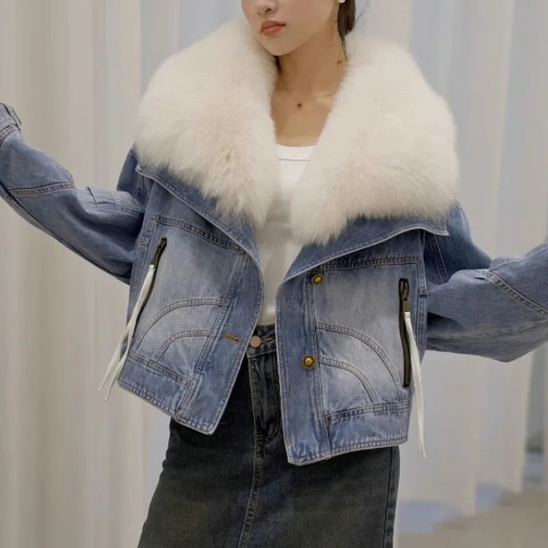 

2024 Haining Fur Winter New Fox Hair Detachable White Goose Down Inner Liner Leather Denim Parker