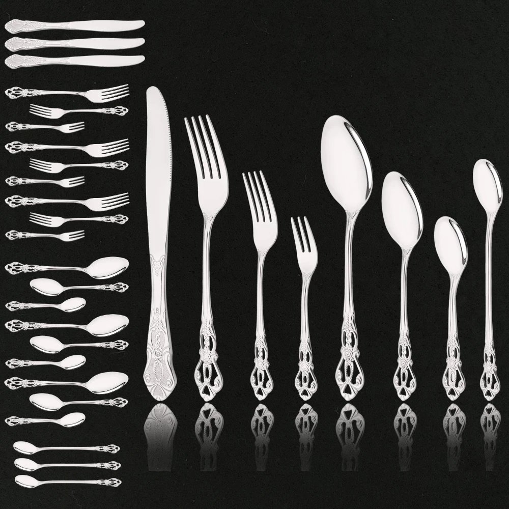 Vintage 32Pcs Royal Silver Dinnerware Stainless Steel Set Mirror Spoon Fork Knife Ice Spoon Silverware Wedding Tableware Gift
Vintage 32Pcs Royal Silver Dinnerware Stainless Steel Set Mirror Spoon Fork Knife Ice Spoon Silverware Wedding Tableware Gift